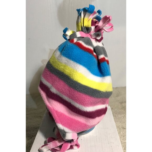 Childrens Place Fleece Baby Hat 0-3M Pink/Blue Stripes Knit Warm Beanie Tassels - Picture 4 of 6